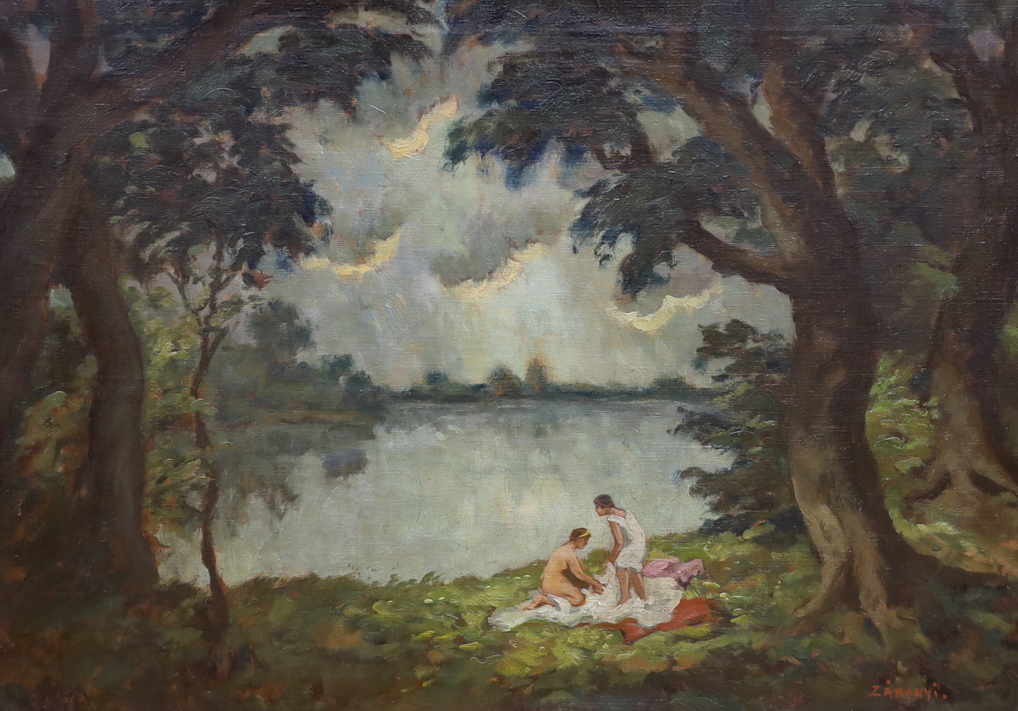Geza Zahonyi (Hungarian, b.1889), oil on canvas, Bathers by a lake, signed, 48 x 68cm
